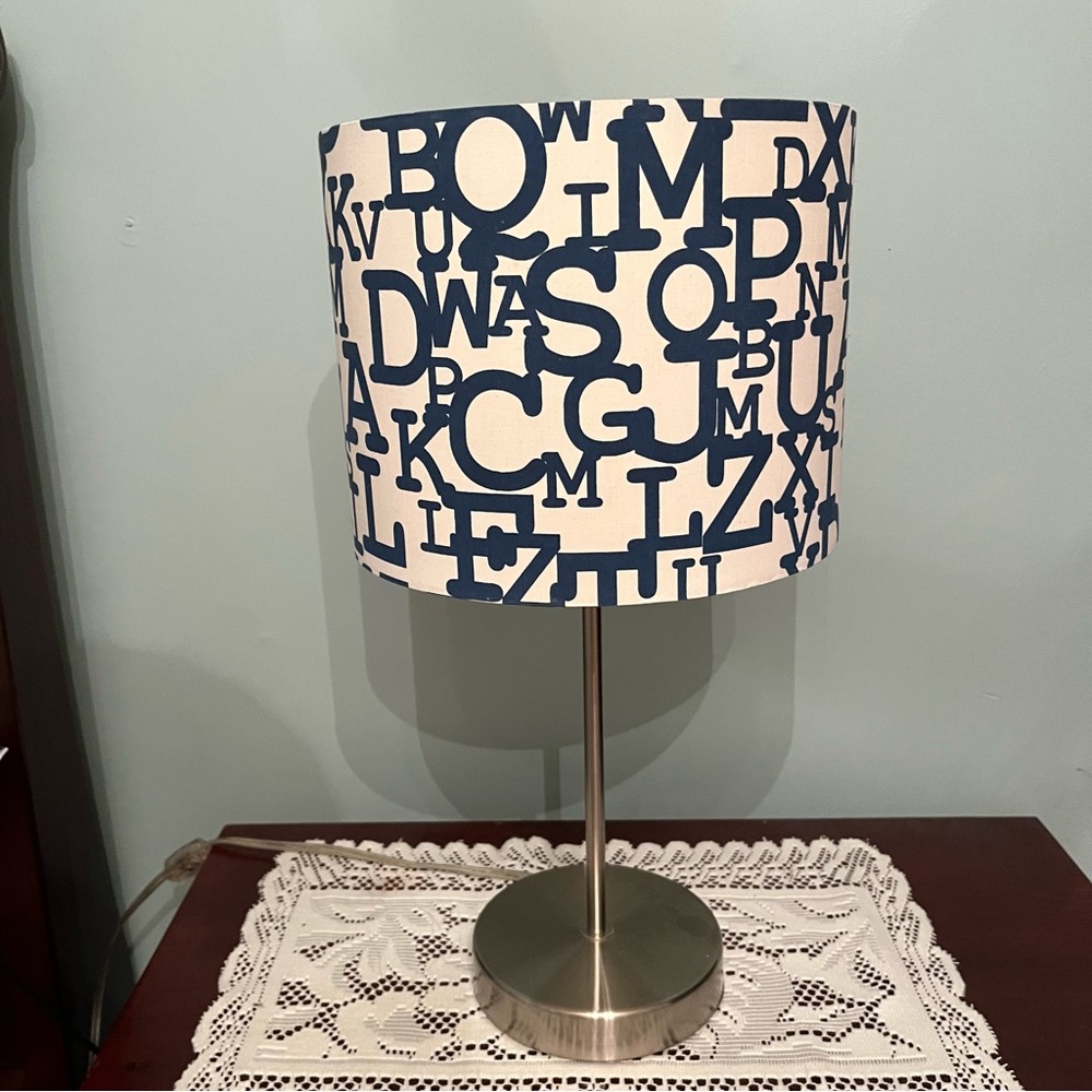 Bedside/Table Lamp & Shade-White with Navy Blue Letter Pattern